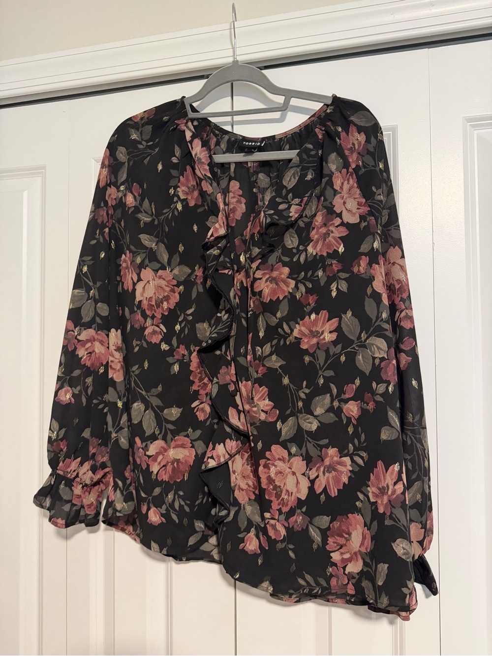 torrid Black Blouse with Dusty Rose Floral Ruffle